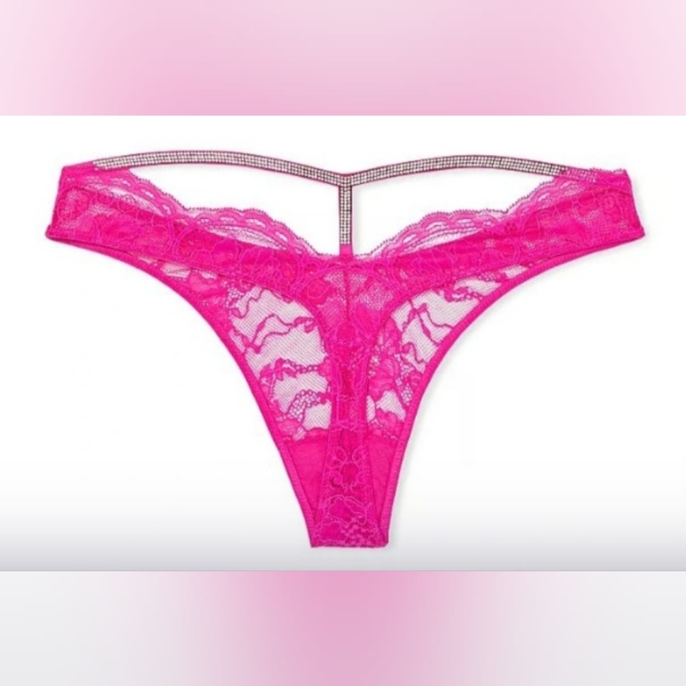 Victoria's Secret Hot Pink Lace Thong with Rhinestone Back